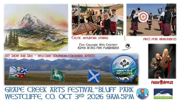 Grape Creek Arts Festival poster advertising art, Celtic Mountain Strings, Pikes Peak Highlanders, Fresh Apples, and an Aspen Acres Fire fundraiser at Bluff Park on October 3, 2026, from 9 am to 5 pm.