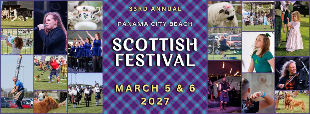 Promotional collage for the 33rd Panama City Beach Scottish Festival, March 5 and 6, 2027, featuring music, Highland athletics, piping, dancing, and family activities.